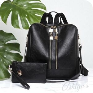 Black Versatile Backpack with Pouch-Wallet Set-Satchel-Purse-Shoulder Bag
